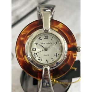 Vernier Faux Tortoise Shell Bezel Silver Tone Women’s Cuff Watch